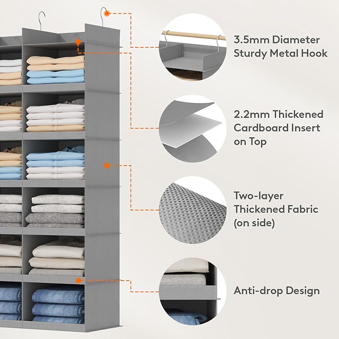 Lifewit Dual-Row Shelf Hanging Closet Organizer and Storage, Clothes Shelves with 3 Sturdy Hooks for Clothing Organization, F