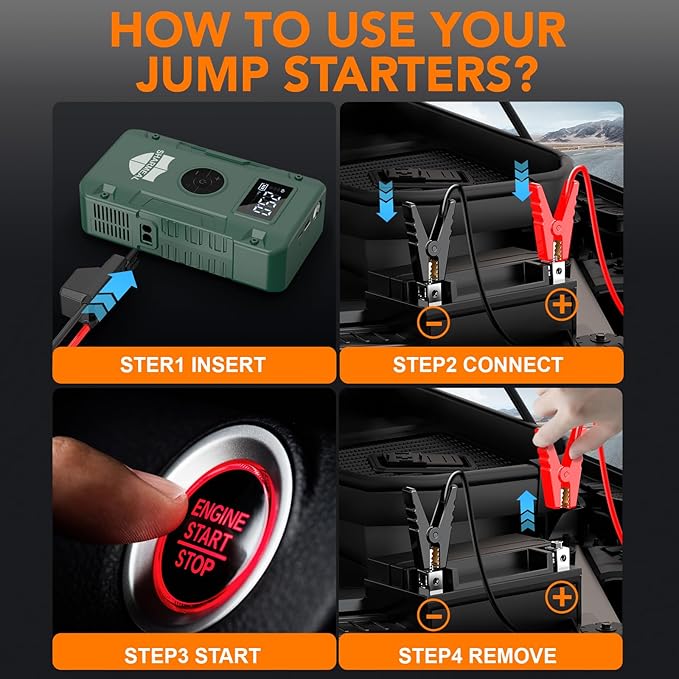 Sharmeal Jump Starter 6000A,12V Car Battery Jump Starter with Air Compressor (Up to All Gas or 10.0L Diesel Engine), Battery Booster with 3 Modes Flashlight and Jumper Cable