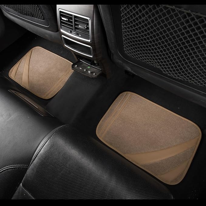 CAR PASS Beige Car Floor Mats, Edge Leather Waterproof Car Mats with Double Stitch Line and Anti-Slip Backing Design, Fit 95%