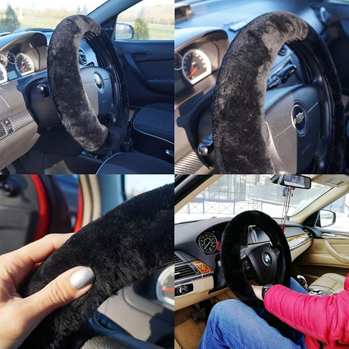 OGLAND Soft Fluffy Plush Sheepskin Car Steering Wheel Cover for Universal Auto Vehicle Women Man 14 1/2 inch-15 1/2inch Fuzzy