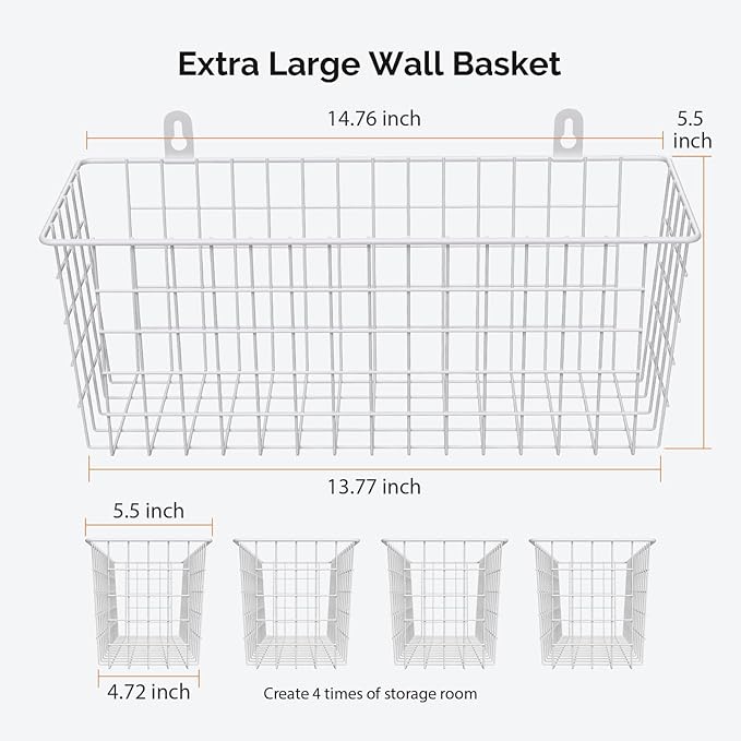 MaraFansie Wire Basket 4-Pack [Extra Large] Hanging Wall Organizer Cabinet Storage Basket Wall Mounted Shelves Rustic Farmhou