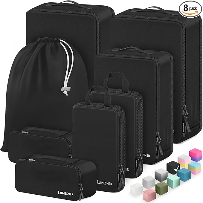 8 Set Compression Packing Cubes for Travel, Waterproof Luggage Organizers, Suitcase Organizer Set for Carry-On & Checked Bagg