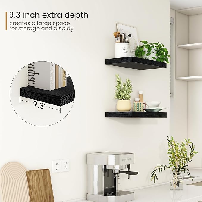 Fun Memories Deep Floating Shelves - 16" W x 9.3" D x 1.6" H Rustic Black Wall Shelf - Wall Mounted Shelves for Storage - Woo