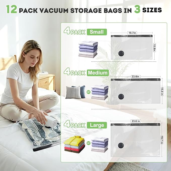 Mapambo Vacuum Storage Bags with -60000Pa USB Pump, 12 Pack Vacuum Seal Bags for Clothing Travel in 3 Sizes, Travel Vacuum Ba
