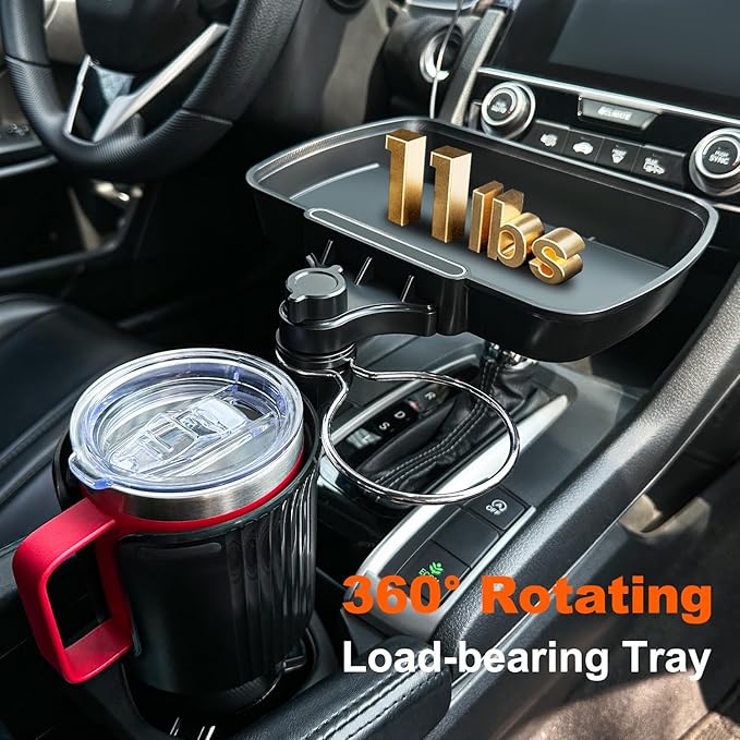 Aucurwen Cup Holder Tray for Car, 360° Rotating Car Tray, Car Food Table Tray for Eating with Solid Base & Phone Slot, Car Cup Holder Expander for Road Trip Essentials for Adults, ATCT-8