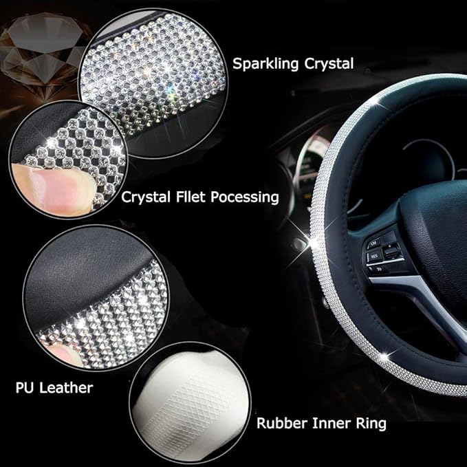 New Diamond Leather Steering Wheel Cover with Bling Bling Crystal Rhinestones, Universal Fit 15 Inch Car Wheel Protector for 