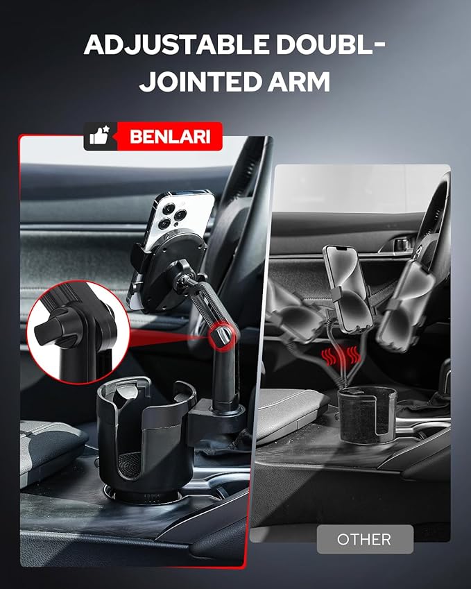 Benlari Upgraded Car Phone Holder - 2 in 1 Adjustable Cup Holder Expander Support 360° Degree Rotation - Car Cup Holder Phone Mount Compatible with All Smartphones