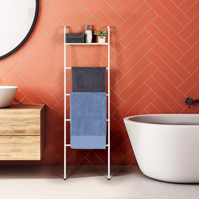 Blanket Ladder Farmhouse Towel Rack Holder for Bathroom, Wall Leaning Decorative Quilt Rack with Shelf, Rustic Blanket Storag
