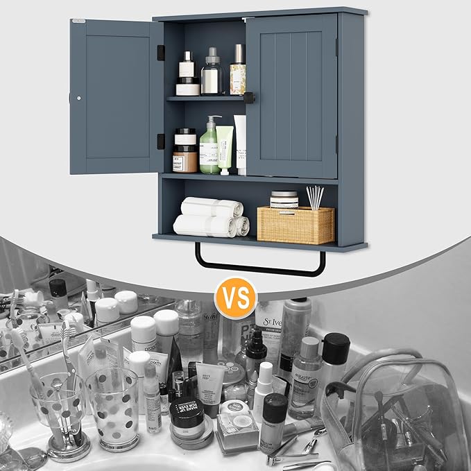 RRX Bathroom Cabinet Wall Mounted Medicine Cabinets with Towels Bar, Over The Toilet Storage Cabinet with 2 Doors and Adjusta