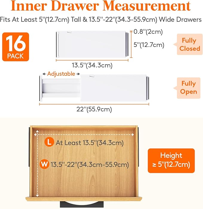 Lifewit 16 Pack 5" High Drawer Dividers 34-56cm/13.5-22" Adjustable Drawer Organizer for Clothes/Utensils, Expandable Drawer 