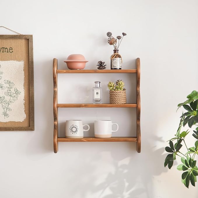 Solid Wood Wall Shelf 3-Tier,Small Side Table,Rustic Floating Shelves Wall Mounted Storage Rack,Rattan Drink Table, Round Sid