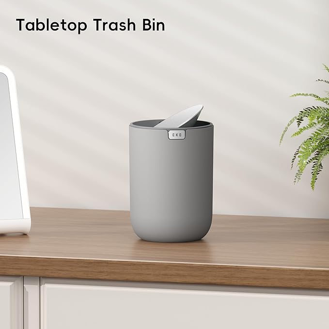 EKO Fandy 0.58 Gal/2.2L Mini Trash Can with Lid, Swing-Top Desktop Trash Can for Bathroom, Countertop, Vanity, Desk or Office, Small Garbage Bin (Grey)