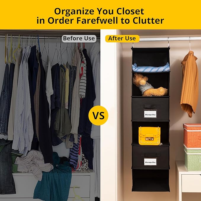 BrilliantJo 2 Pack 6 Shelves Hanging Closet Organizer with 2 Drawer, Hanging Storage with 4 Side Pockets for Clothes Shoes, 4