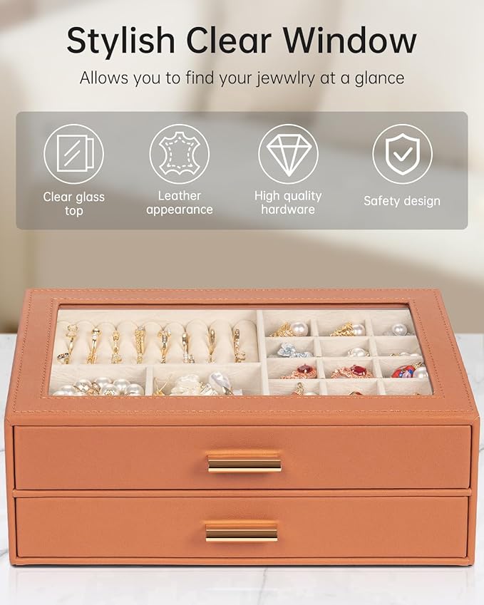 AKOZLIN Jewelry Box with Clear Lid Functional Leather Jewelry Storage Organizer Case 2 Drawers for Women Girls Necklace Ring 