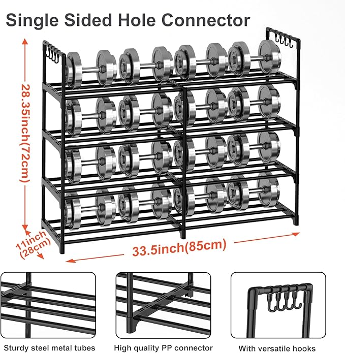 2 Rows 4 Tier Shoe Rack, Black Metal Stackable Shoe Shelf with Multifunctional Hooks, Hold 16-20 Pairs, Space Saving Shoe Org