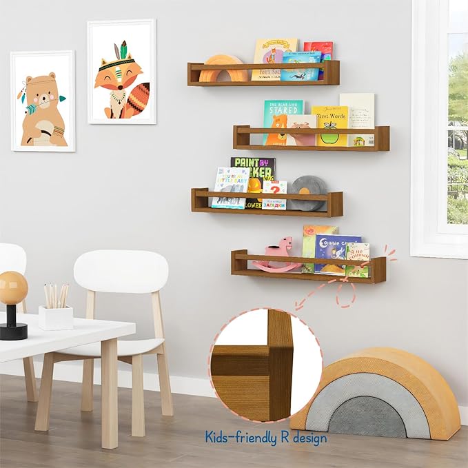 Forbena 24 Inch Wooden Floating Nursery Book Shelves for Wall, Walnut Nursery Bookshelf Wall Mounted for Kids Bedroom, Large 