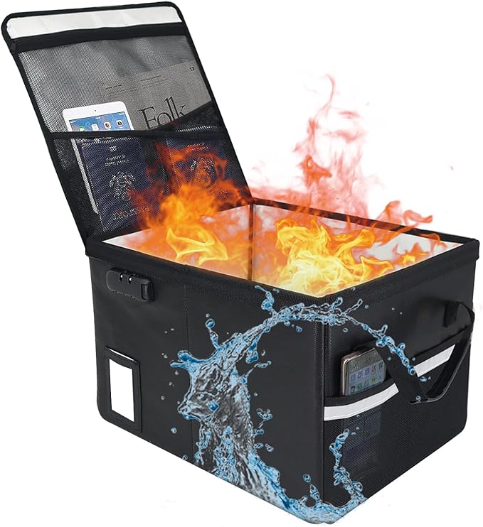 File Box with Lock 5200°F with Heat Insulated,Fireproof Box File Storage Organizer Anti-Static,Collapsible Fireproof Document