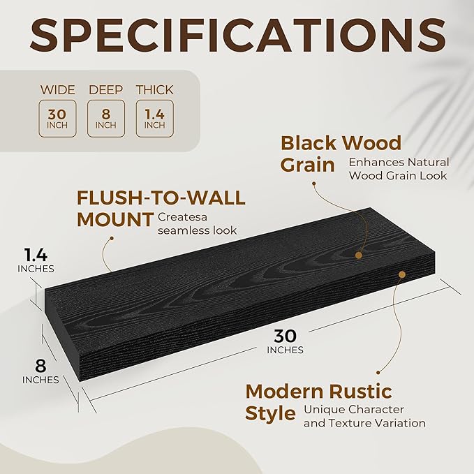 Dreamland 30 Inch Long Floating Shelves in White,8 Inch Deep Floating Shelf for Wall,Large Display & Storage Shelf, Wall Shel