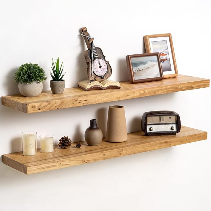 Fun Memories Solid Elm Wood Floating Shelves Set of 2-36 Inch Rustic Wall Shelves with Heavy-Duty Invisible Brackets - for Li