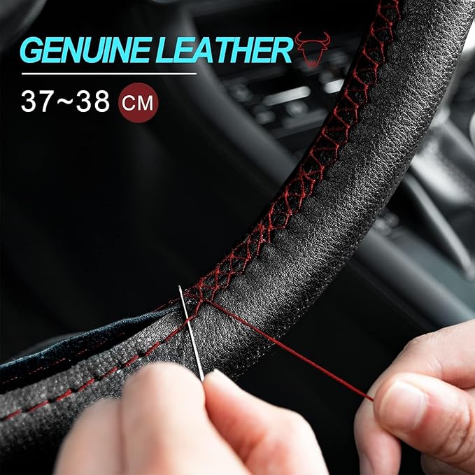 AUTOXBERT 38cm/15 Genuine Leather DIY Steering Wheel Cover Soft Hand Sewing On Wrap Cover with Needles Thread fit for VW Ford