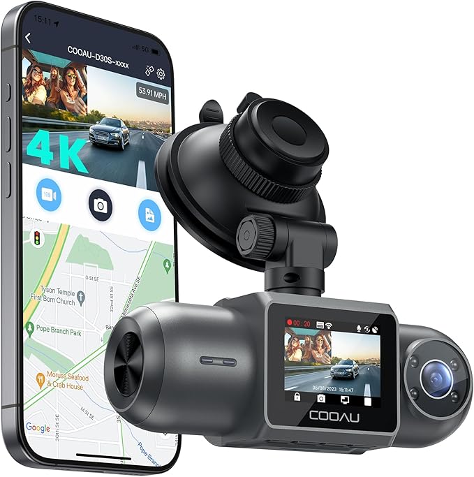 COOAU D30S 4K Dash Cam with GPS Wi-Fi, Front and Inside Dual 2.5K 1080P, Uber Car Camera with Infrared Night Vision, Supercap