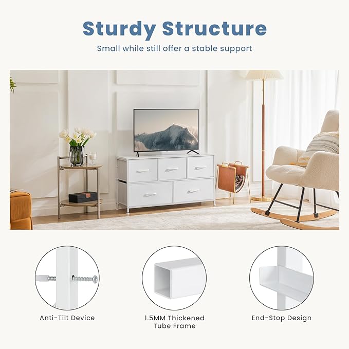 DUMOS Dresser for Bedroom, 5 Storage Drawers, Wide Fabric Closet Chests Organizer Tower Furniture with Wooden Top Metal Frame