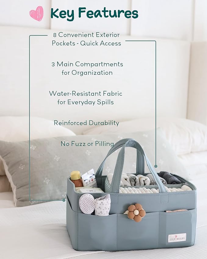 Lily Miles Baby Diaper Caddy Organizer, Wipeable Diaper Organizer Basket with 8 Pockets for Newborn Essentials, Nursery Tote 