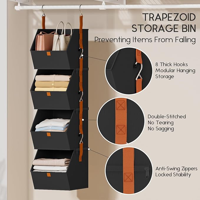 Homsorout Hanging Closet Organizer 4 Tier - Clothes Hanging Shelves, Space-Saving Closet System, Fabric Storage Bins Bedroom 