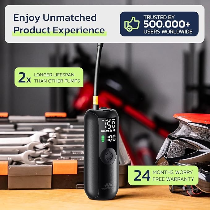 Woowind LP1 Bike Pump Portable Air Compressor, Tire Inflator for Car, 1 Minute Inflation, 150PSI Air Pump for Car Tires, Bikes, Motorcycles, Balls - with Digital Pressure Gauge