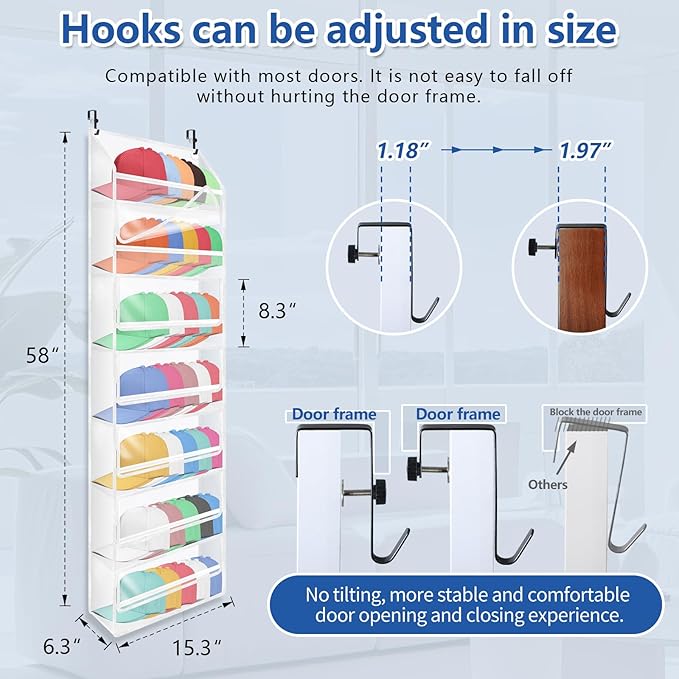 7-layer large capacity Hat Organizer, Hat Rack for Door With Dust Cover, Adjustable Hooks, And Transparent Visible Over The D