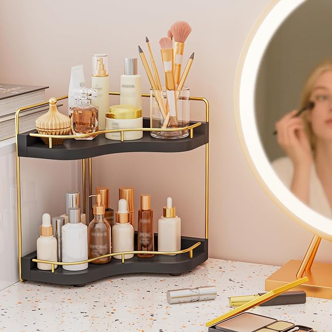 2-Tier Corner Bathroom Counter Organizer with Embedded Screw Holes, Secure & Stable Wood Vanity Shelf for Makeup and Skincare