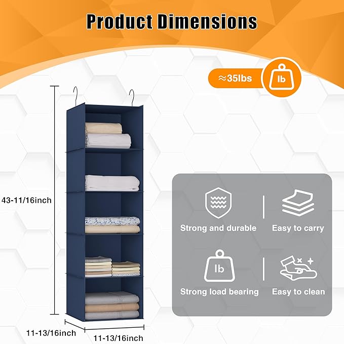 Hanging Closet Organizer and Storage 5-Shelf, Easy Mount Foldable Hanging Closet Wardrobe Storage Shelves, Clothes Handbag Sh