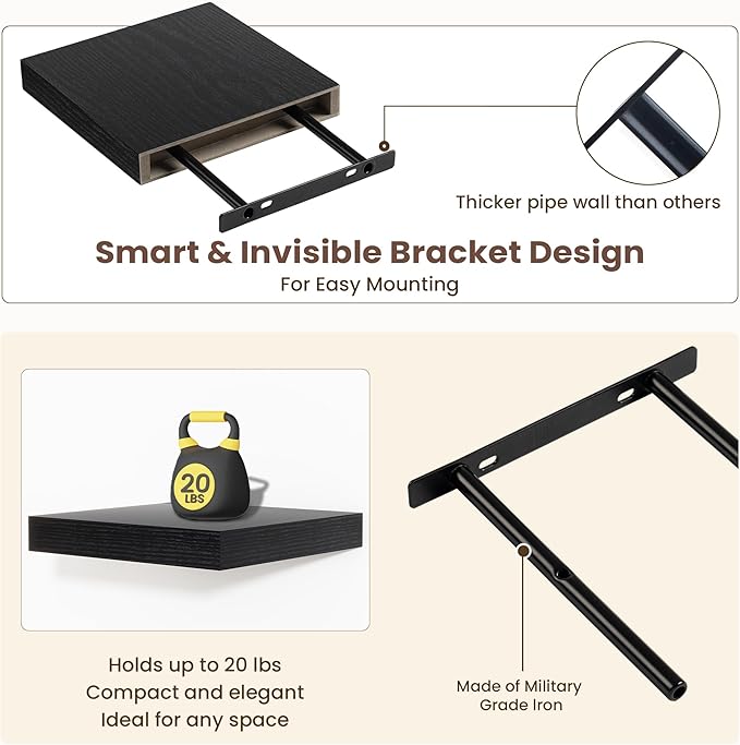 Fun Memories Floating Shelves for Wall - 7.5 Inch Square Shelves with Invisible Brackets, Black Small Wall Shelf for Living R