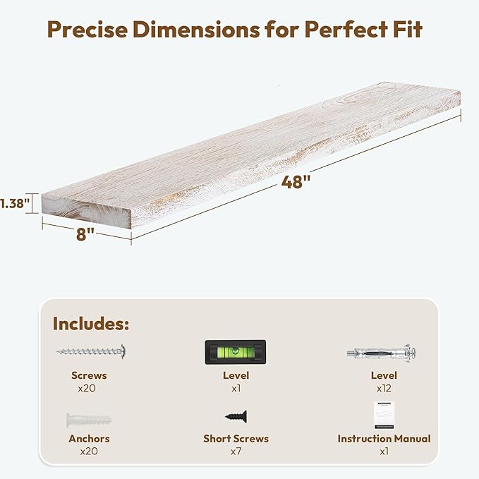 Vivelove Elm Wood Floating Shelves, Wooden Shelves for Wall with Invisible Bracket for Living Room Bedroom Bathroom Office Bo