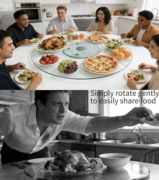 40" Glass Lazy Susan for Dining Table, Glass Turntable Table Centerpiece with 6 Rotating Wheels, 360° Smooth and Silent Spin 
