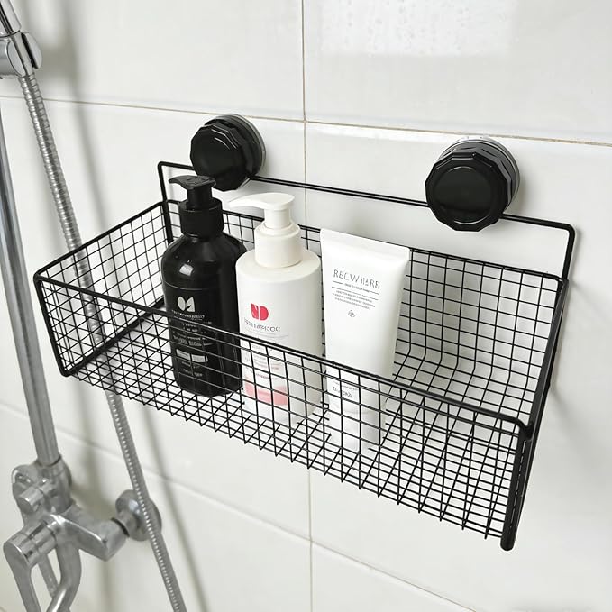 Wall Mounted Wire Basket, Black Metal Storage Organizer with Suction Cups for Kitchen Bathroom
