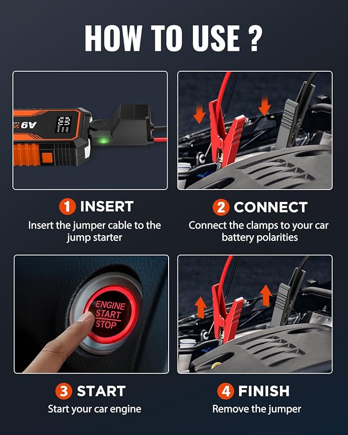Jump Starter 4000A, VACASSO A9 Battery Jumper Starter Portable (7L Gas/4L Diesel), 12V Car Battery Booster Jump Starters