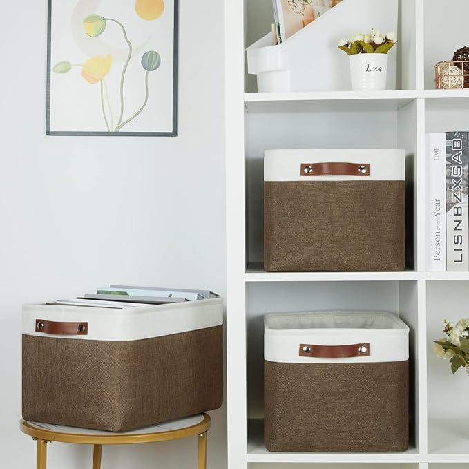 HNZIGE Fabric Storage Baskets (3 Pack) - Decorative Foldable Shelf Baskets with Leather Handles for Organizing Clothes (Brown