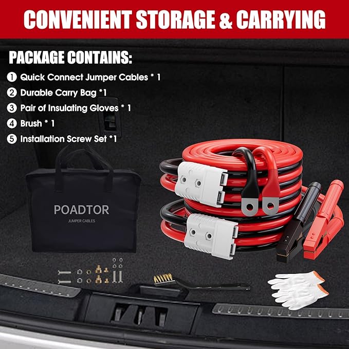 0 Gauge 30 FT Heavy Duty Jumper Cables for Car Battery, 1000Amp Quick Connect Booster Cables for Jump Starting Dead or Weak Batteries, Suitable for 8L Gas & 6L Diesel, Carrying Bag Included