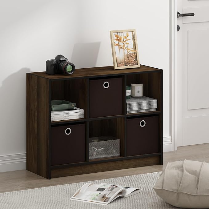 Furinno BASIC Book Shelf, 6-Cube Bookshelf with Open Shelf, 3 x 2 Bookcase with Storage Bins, Closed Back, Horizontal, 11.9 x
