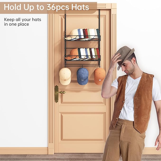 Over Door Hat Organizer 3 Tier Wall Mounted Hat Rack with 2 Adjustable Metal Basket and 3 Hooks Hat Organizer for Baseball ca