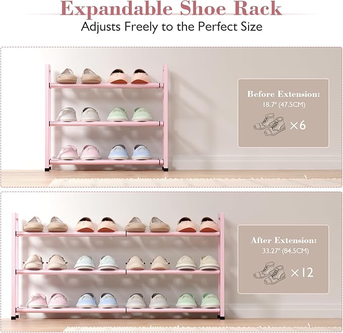 Bumusty 3-Tier Expandable Shoe Rack for Closet, 18“-33” Adjustable Shoe Rack for Small Space, Small Shoe Organizer for Front 