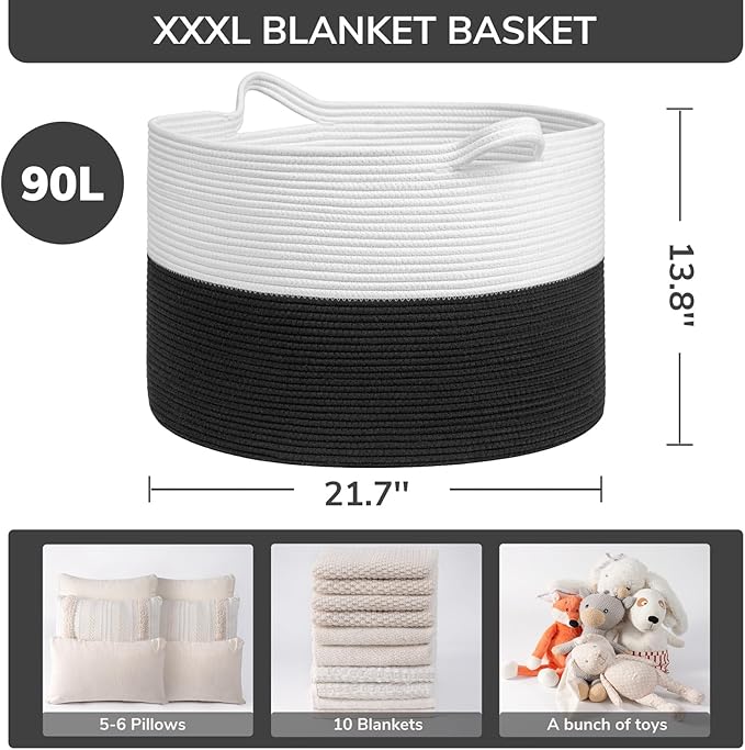 INDRESSME Large Cotton Rope Baskets for Storage, 21.7 x 13.8 Blanket Storage for Living Room Toy Baskets Kids, Baby Laundry B