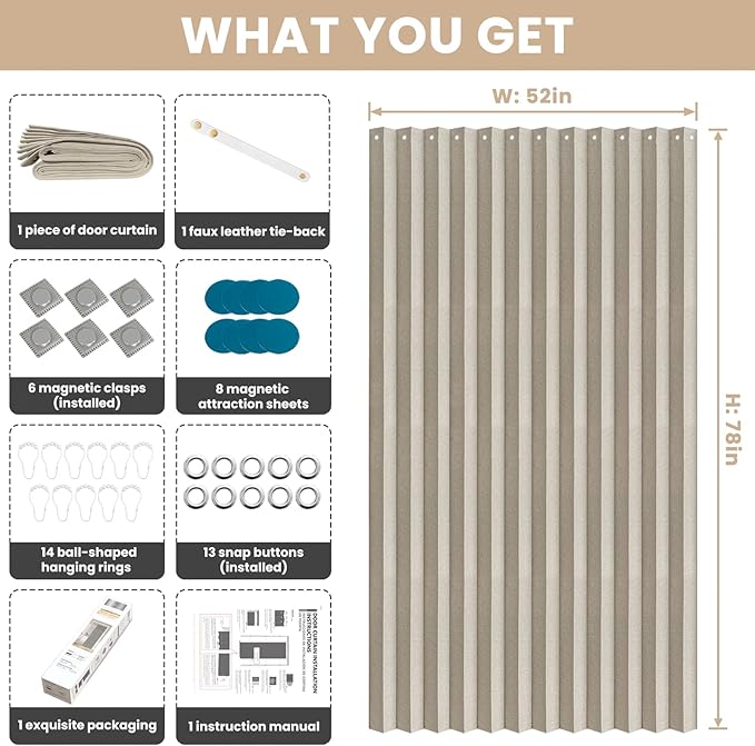 Jilron Accordian Door Curtain, 100% Blackout Folding Magnetic Doorway Curtains,Linen Style Closet Doors,for Room Divider,Priv