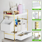 2-Tier Bathroom Counter Organizer with Drawer and Basket, Wood Countertop Organizer for Storage, Skincare Organizers for Vani