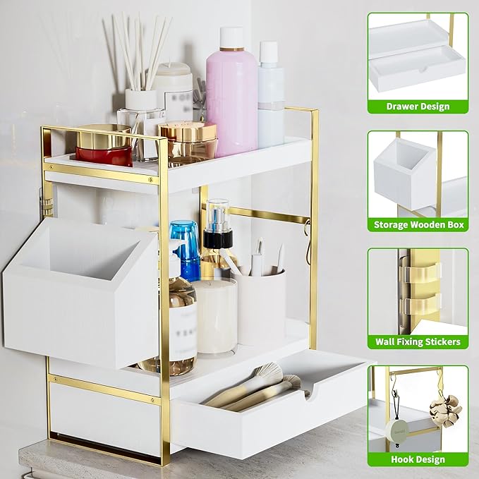 2-Tier Bathroom Counter Organizer with Drawer and Basket, Wood Countertop Organizer for Storage, Skincare Organizers for Vani