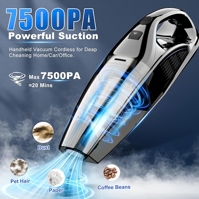 Handheld Vacuum Cordless Rechargeable Portable Car Vacuum, 7500Pa Powerful Suction Mini Hand Held Vacuum, 670ML Cup Lightweig