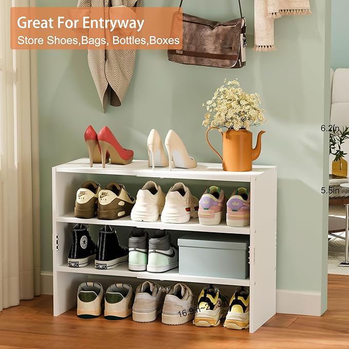 White Shoe Rack Organizer for Closet, 3-Tier Expandable Shoe Shelf, Stackable Iron Wood Combination Shoe Racks Shelves for Cl