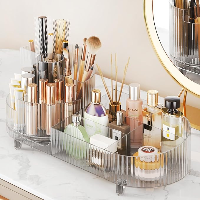 Rotating Makeup Organizer for Vanity with Brush Holder, Cosmetic Makeup Storage Organizer, Large Spinning Makeup Skincare Org
