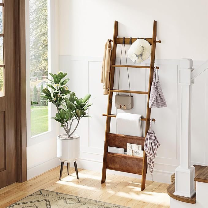 ELYKEN Blanket Ladder, 5-Tier Farmhouse Wooden Rack with Synthetic Leather Pocket, 4 Removable Hooks, Decorative Leaning Ladd